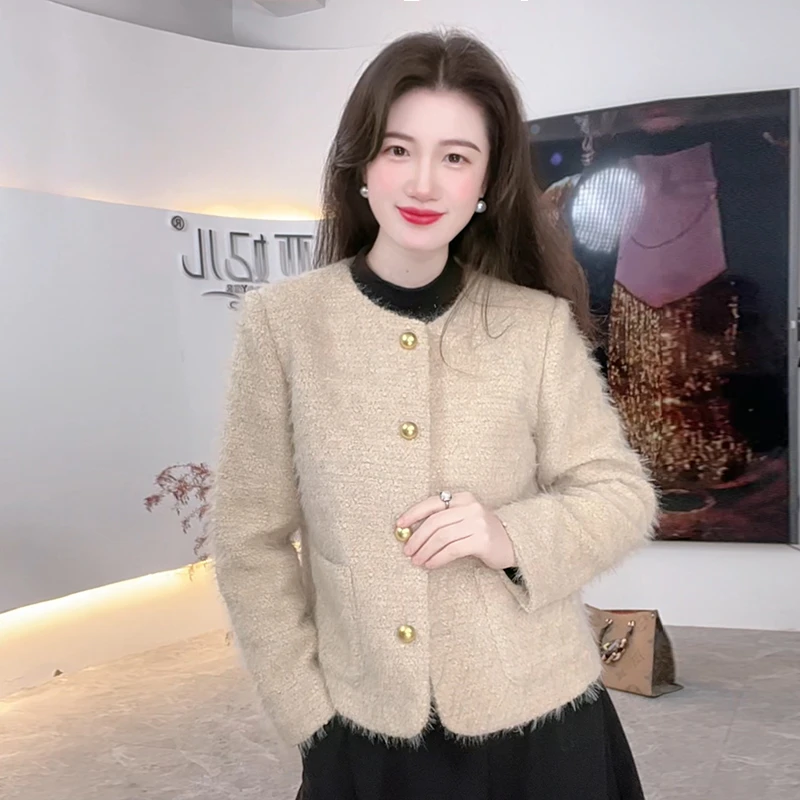 [视频同款]圆领单排扣暖杏黄轻奢风短外套时尚秋冬季小香风短外套