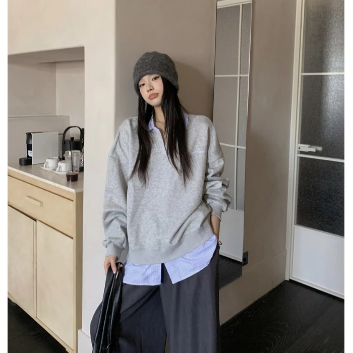 拼接条纹假两件polo领套头卫衣女秋季美式宽松设计感慵懒长袖上衣