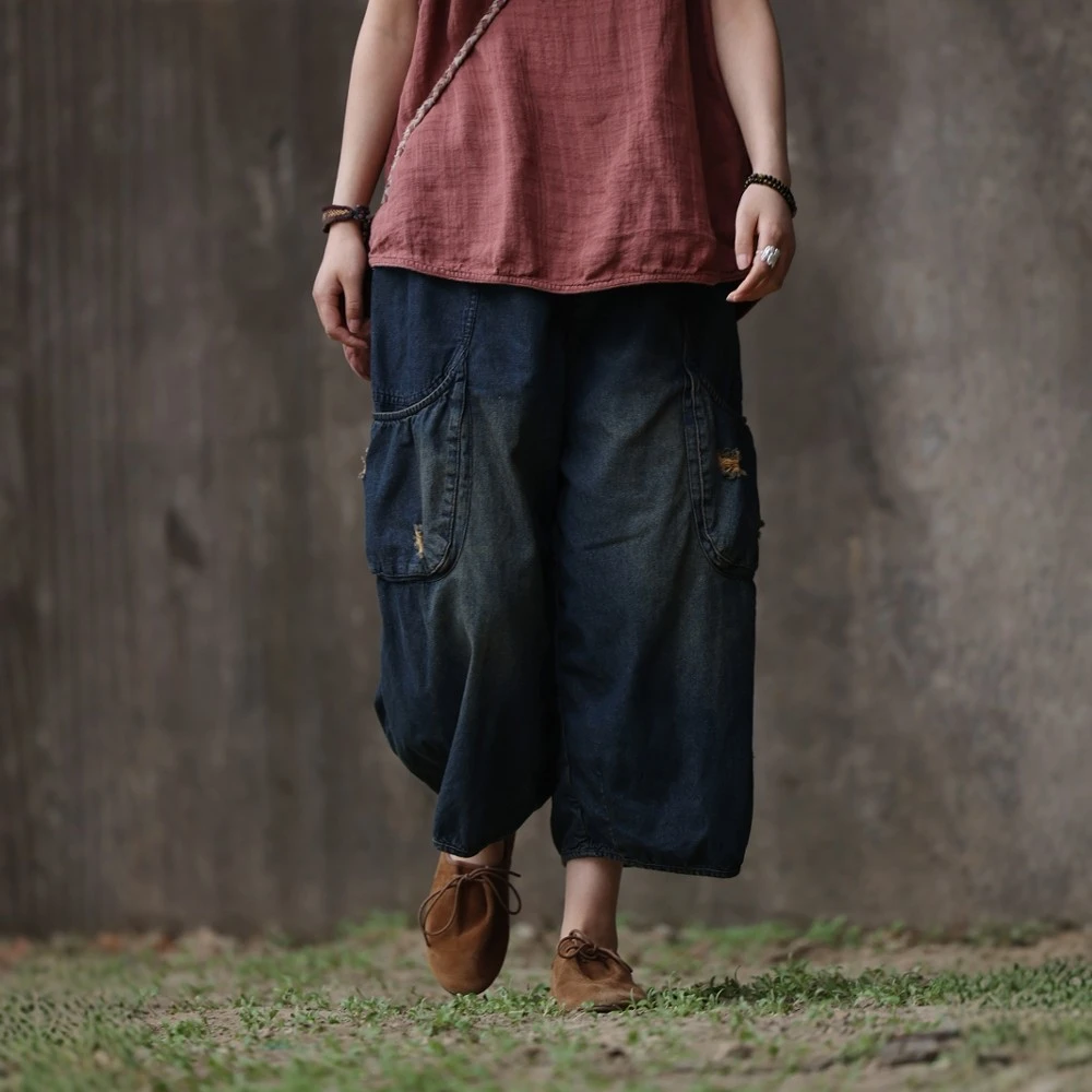 衣路走来原创设计纯棉复古做旧侧口袋宽松牛仔九分裤38760