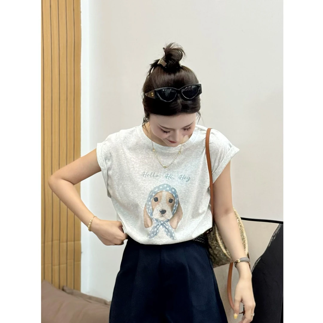 短袖圆领韩系风坎肩袖凉感印花T恤休闲百搭减龄T恤【披肩小狗】