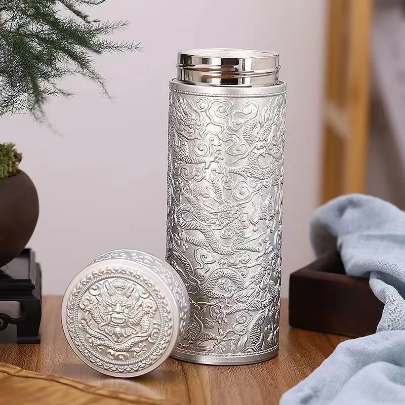 足银银制品 九龙银色保温杯有茶漏过滤高端大气复古锤纹送长辈