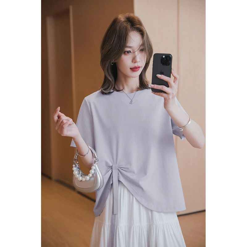 小谷粒紫色短袖T恤女2025夏季新款小个子宽松韩版不规则短款上衣