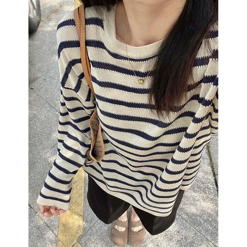 韩系慵懒风外搭条纹防晒针织衫女夏季宽松薄款长袖圆领T恤罩衫潮