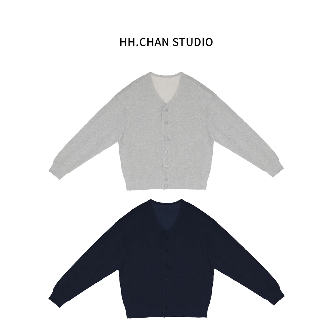 HH.CHAN“闲适”100%棉格雷灰+藏青卫衣开衫-6291
