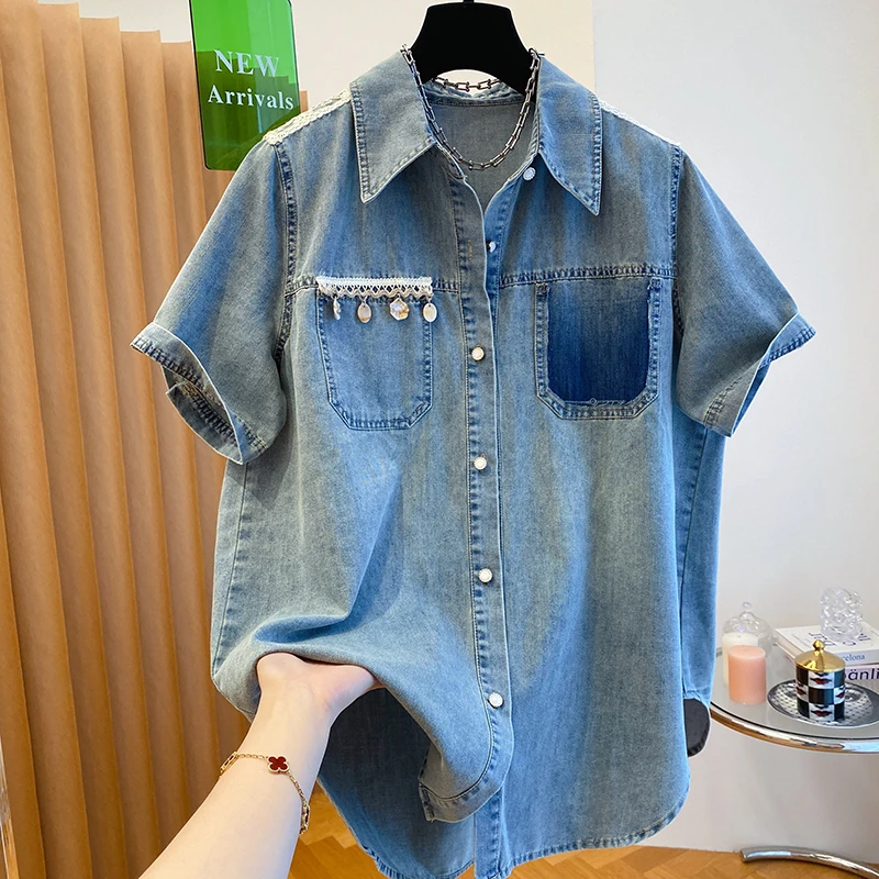 深圳南油欧货牛仔衬衫女短袖2025新款宽松休闲高级感衬衣外套上衣