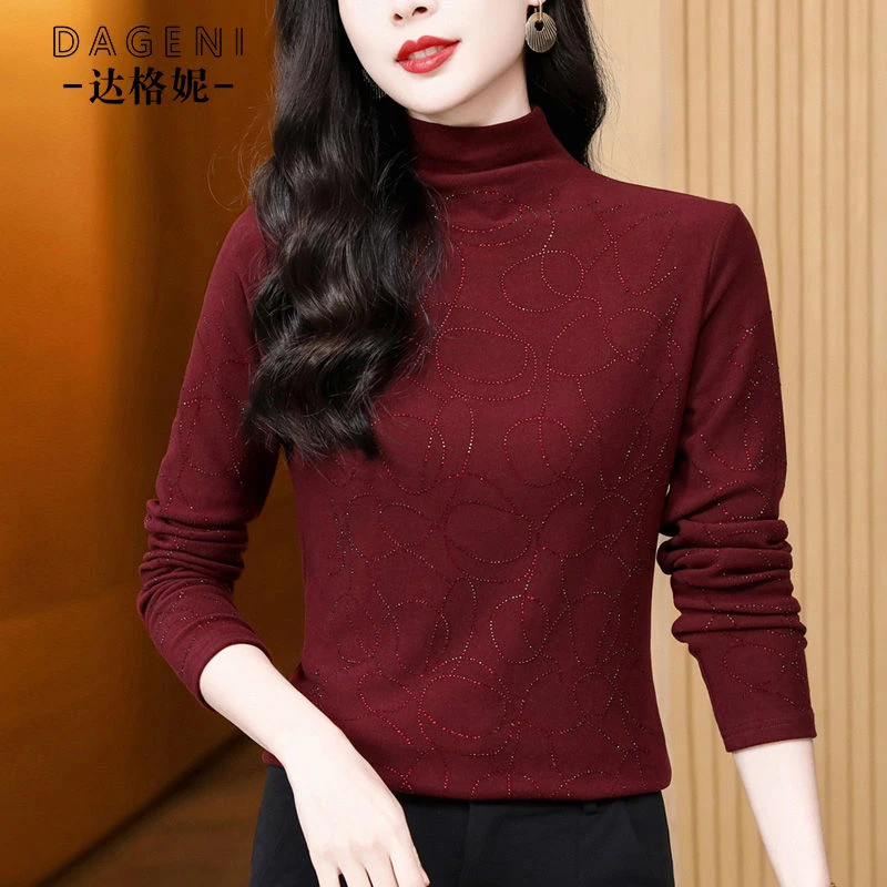 半高领双面绒打底衫烫钻洋气内搭小衫可外穿一体绒自发热保暖上衣