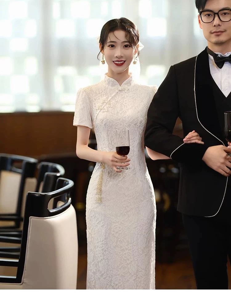 直播链接断码特价白色旗袍订婚领证连衣裙中式蕾丝小个子平时可穿