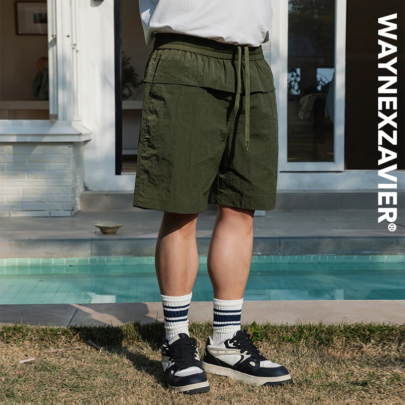 韦恩泽维尔加大宽松男夏大码松紧腰防泼水肌理拼接休闲短裤9060