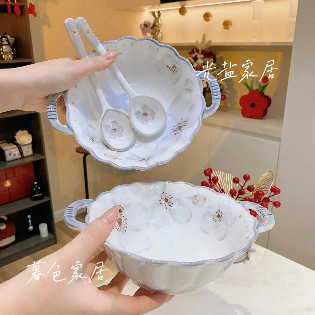 【2碗2勺】7.5寸双耳花瓣碗如烟若梦面碗勺套装陶瓷餐具家用碗勺