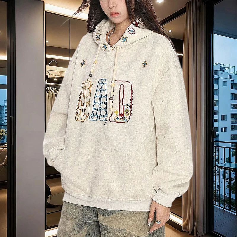 国风刺绣字母连帽卫衣男女特大码300斤情侣秋冬宽松慵懒风上衣