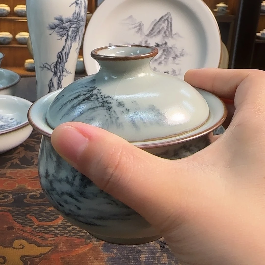 瑕疵缩釉天青釉色盖碗了同色配合