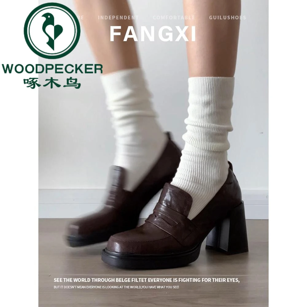 啄木鸟复古英伦高跟小皮鞋女粗跟一脚蹬乐福鞋方头学院风jk女鞋