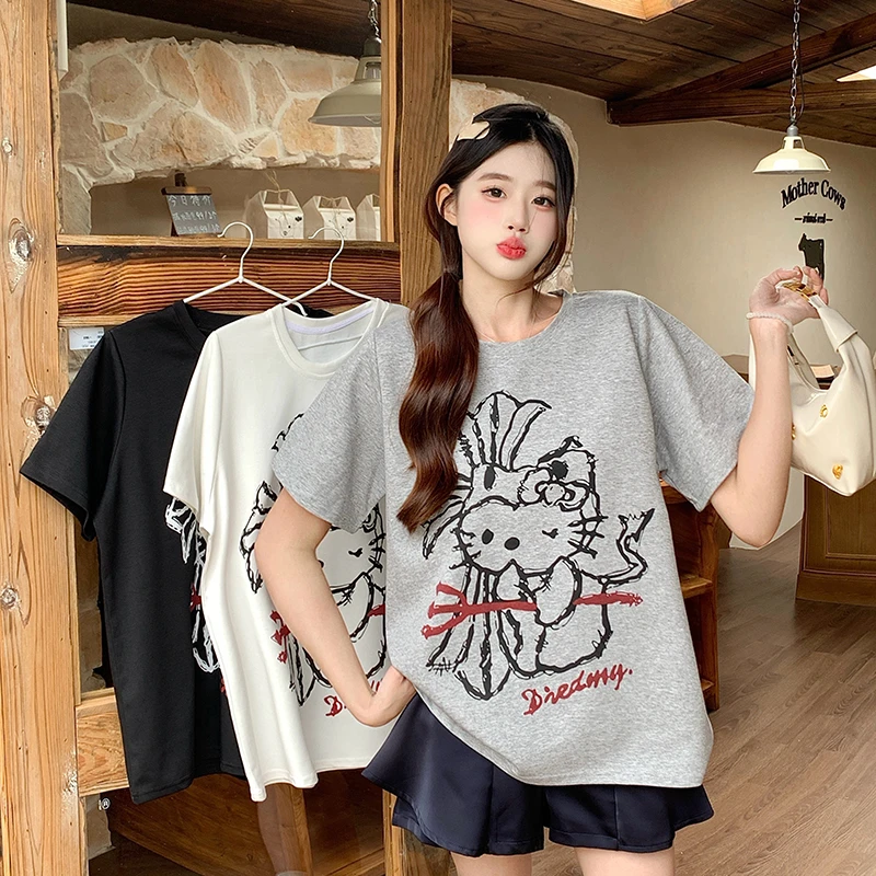 大码胖mm夏韩版正肩圆领短袖T恤印花上衣显瘦百搭休闲甜酷女 5895