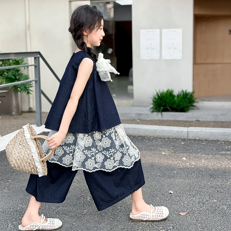 女童夏装无袖套装2025新款大童夏季韩系背心儿童阔腿裤牛仔两件套