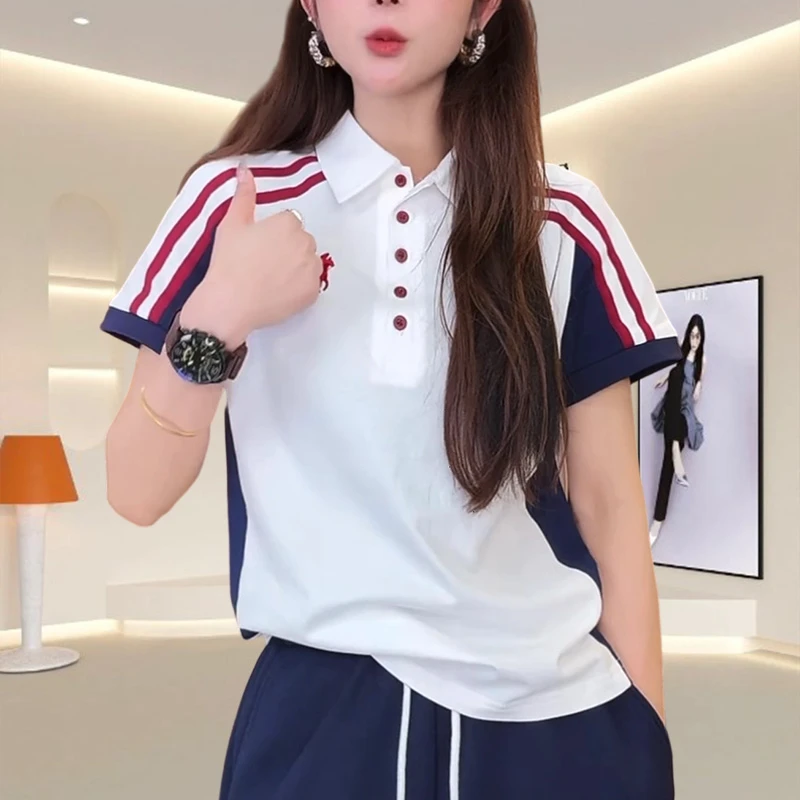 欧货大码白色t恤女ins休闲风上衣夏季韩版撞色拼接纯棉POLO衫短袖