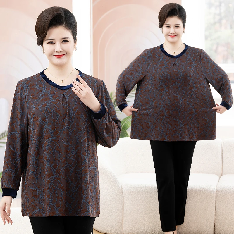 加大码薄款透气宽松型上衣春季打底衫圆领妈妈装女装上衣奶奶装