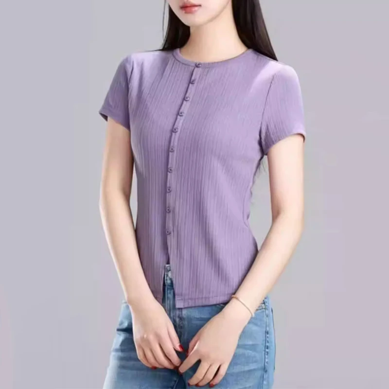 【商场同款】凉感冰丝短袖针织开叉2025夏季百搭显瘦修身上衣130031