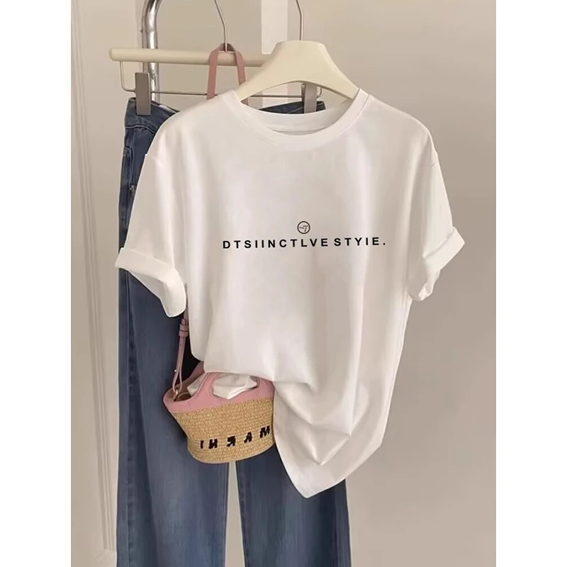 2025爆款宽松百搭上衣白色圆领短袖t恤简约休闲小个子女装ins纯棉