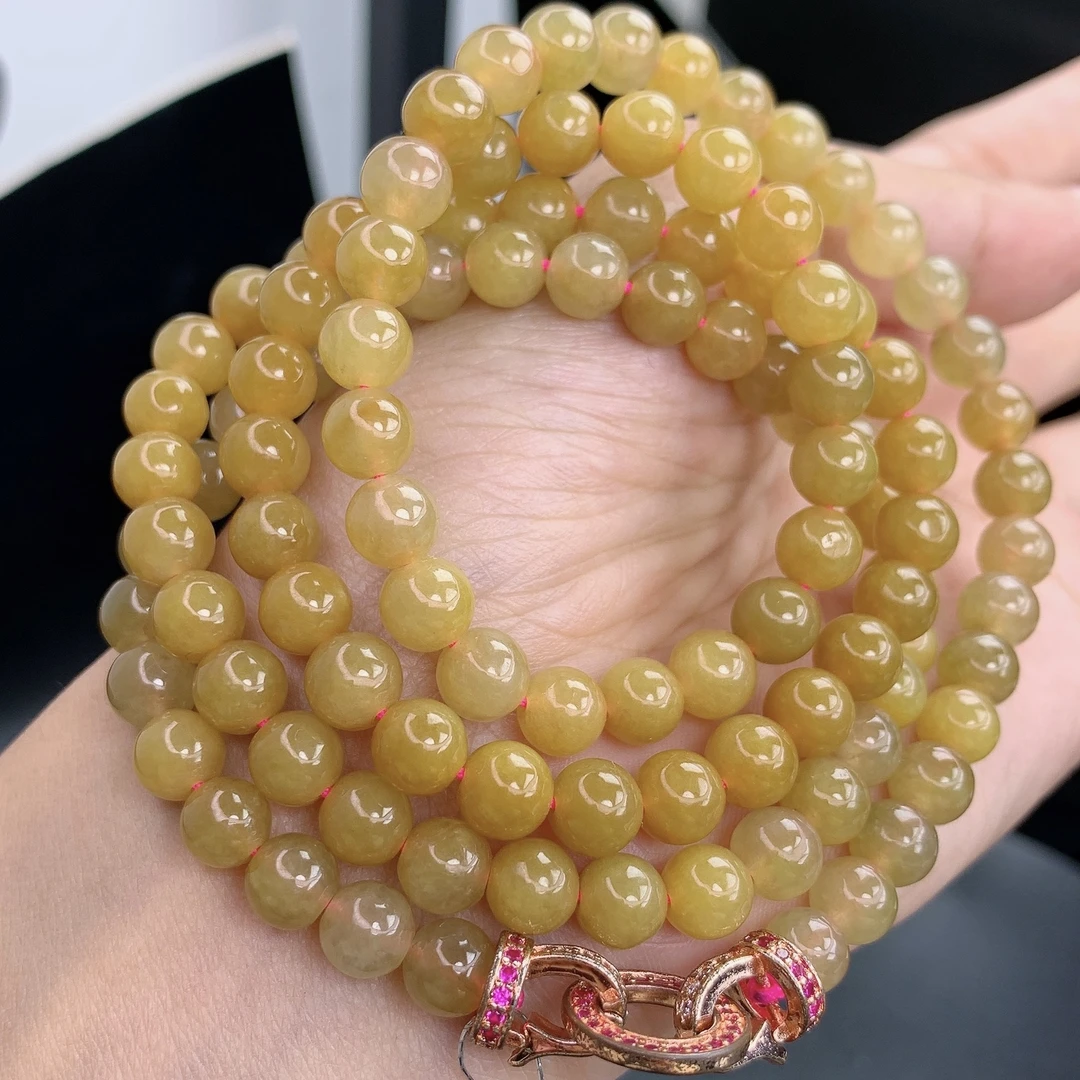 四会 缅甸A货翡翠黄翡鸡油黄色圆珠项链珠链T/6mm