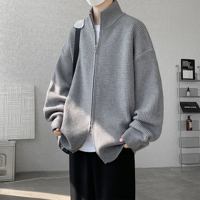 灰色双拉链毛衣男款秋冬季宽松慵懒痞帅半高立领内搭针织衫外套男