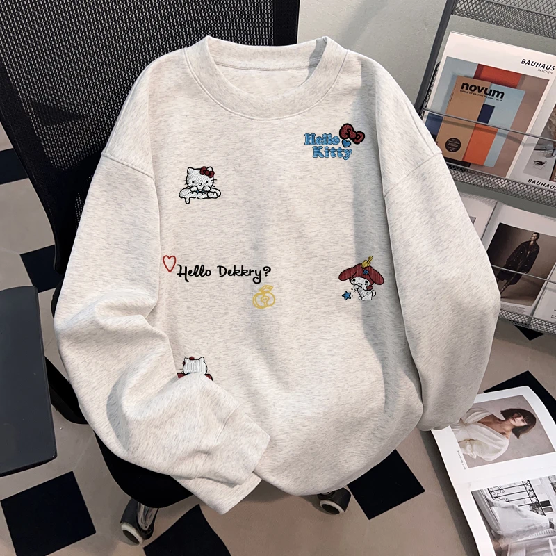 Dekkry韩系原宿风卡通Kitty猫印花秋冬纯棉长袖t恤女圆领宽松上衣