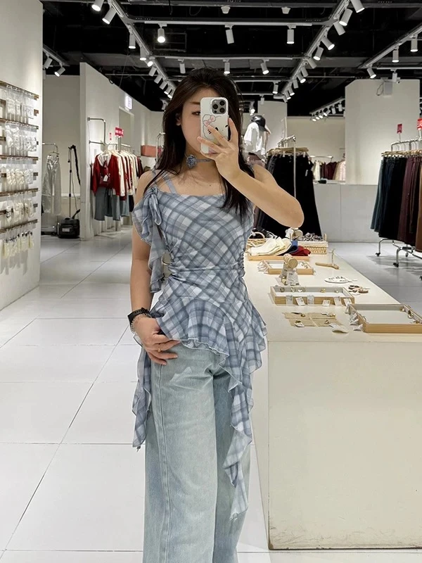 格子不规则格子背心吊带女美背辣妹收腰显瘦荷叶边设计感网纱上衣