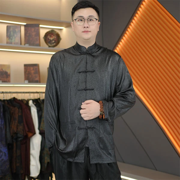 长袖油皮老料香云纱男装植物染色桑蚕丝中国风唐装男装25年新款