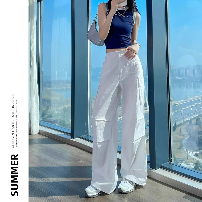 白色工装裤女款2025新款春秋季独特超好看高腰美式休闲运动阔腿裤
