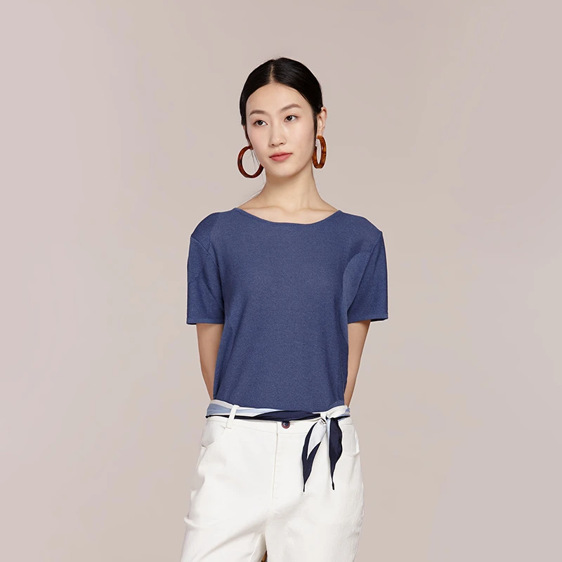 菲姿FEIZI夏款简约针织衫0B809深海蓝（丝巾仅为搭配展示，非销售品