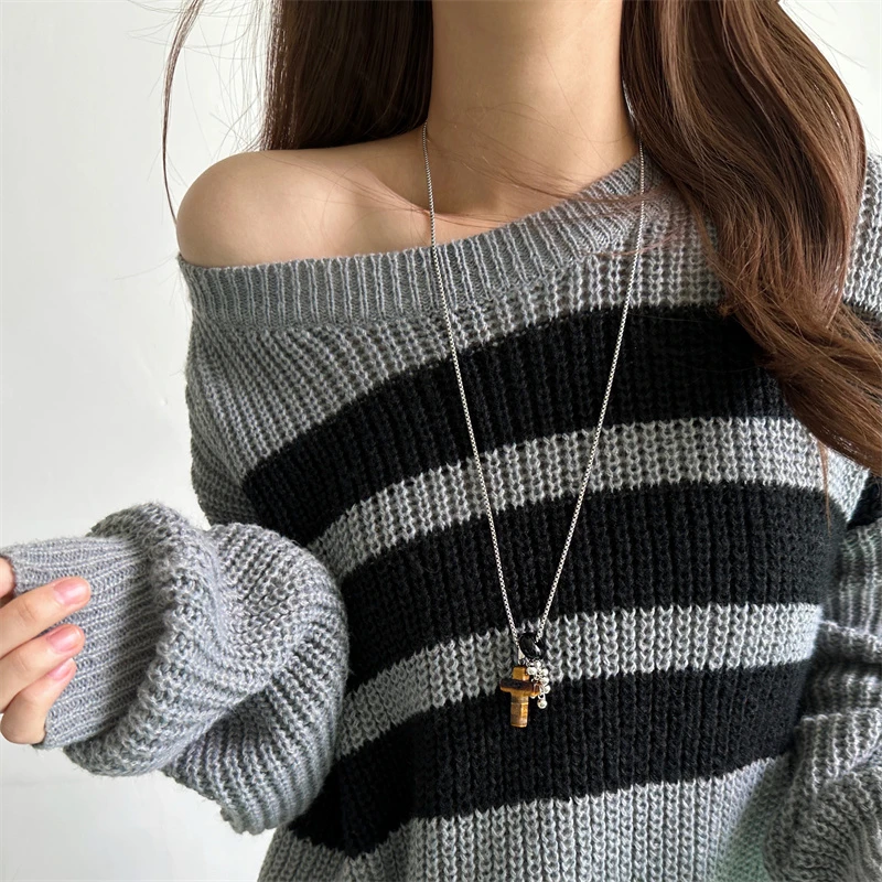 合金项链 X5983-1棕色十字架珠珠项链时尚百搭复古小众长款毛衣链