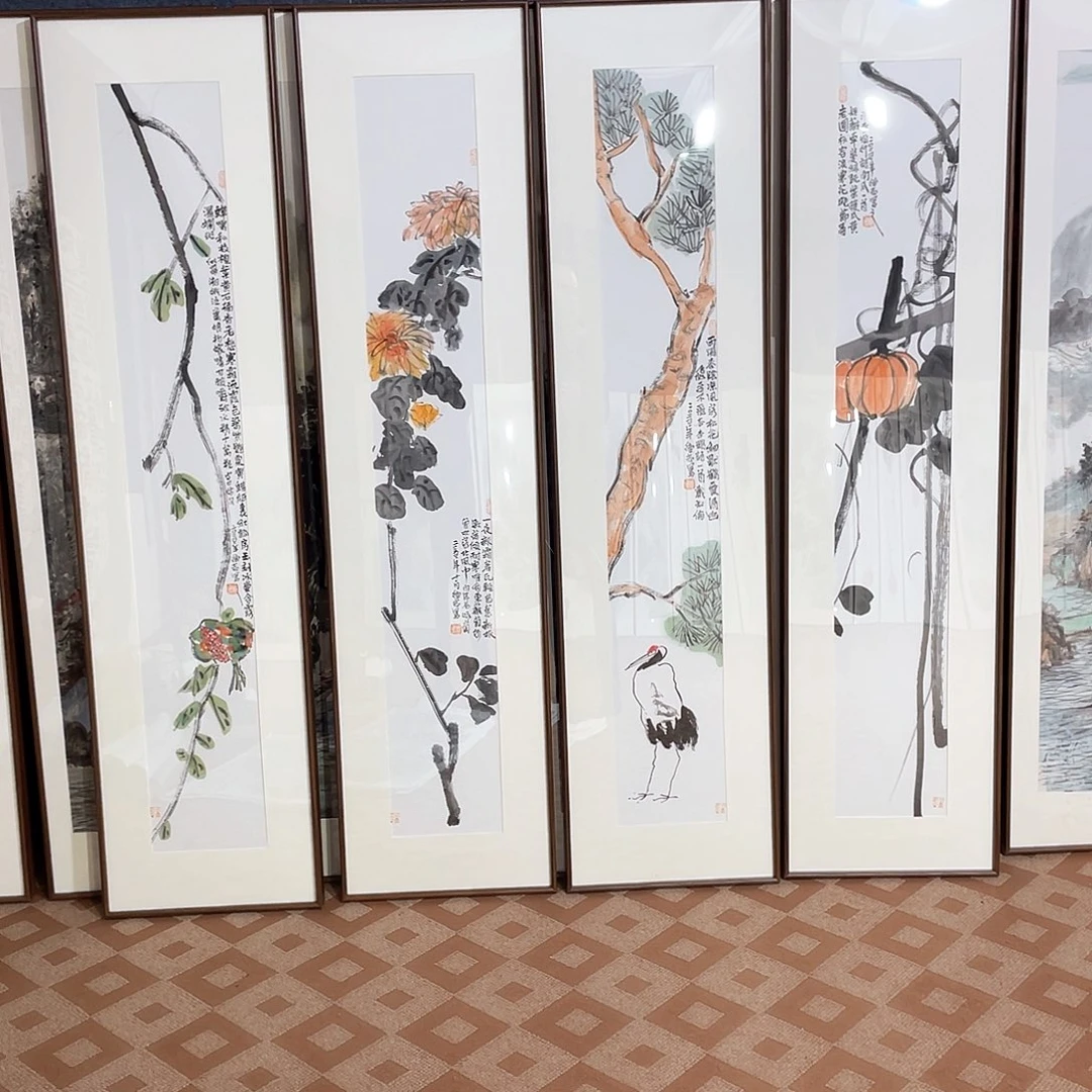 国画手绘画带框四条屏