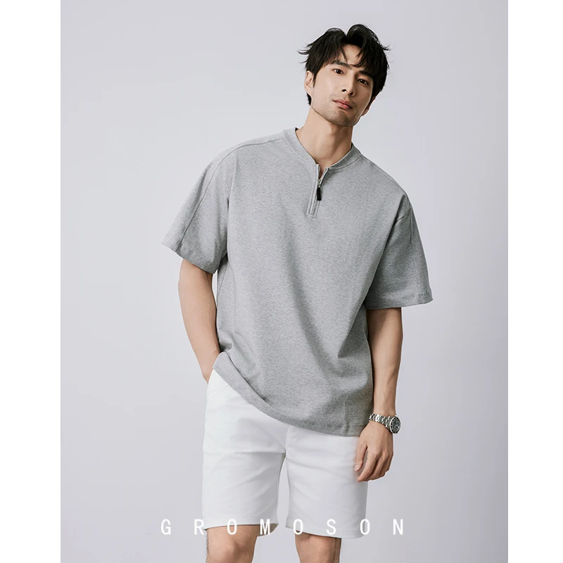 美式休闲凉感亨利领polo衫男士夏季亲肤长绒棉半拉链圆领短袖T恤