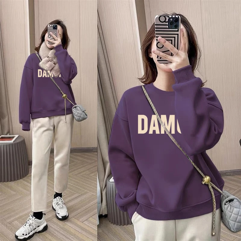 圆领套头打底衫加绒加厚卫衣女2025秋冬新款宽松韩版外套春秋薄款