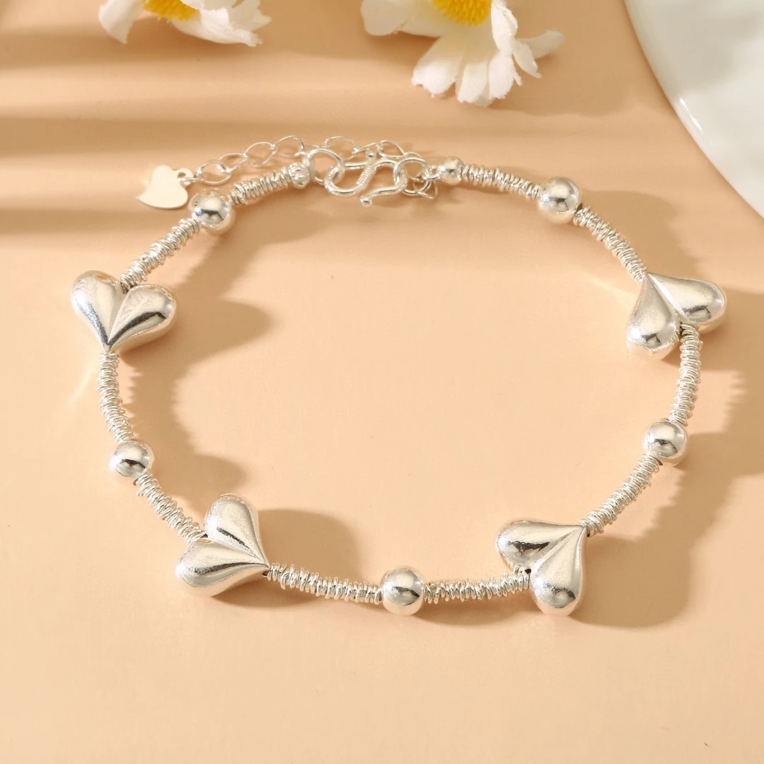 足银手链 足银999屁桃爱心盘缠手链