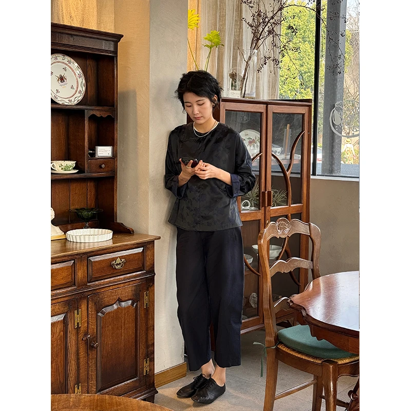 LANGQING 藏青色新中式国风提花上衣裤子套装44007/43880#