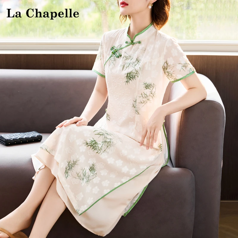 拉夏贝尔新中式妈妈国风改良旗袍连衣裙中老年女夏装高档雪纺裙子