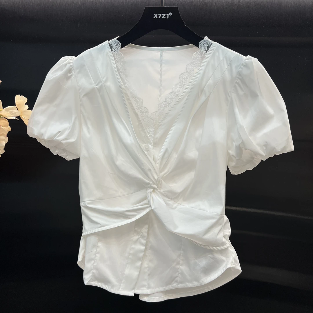 【南油COCO】百搭时尚通勤V领白色衬衫上衣蕾丝夏季