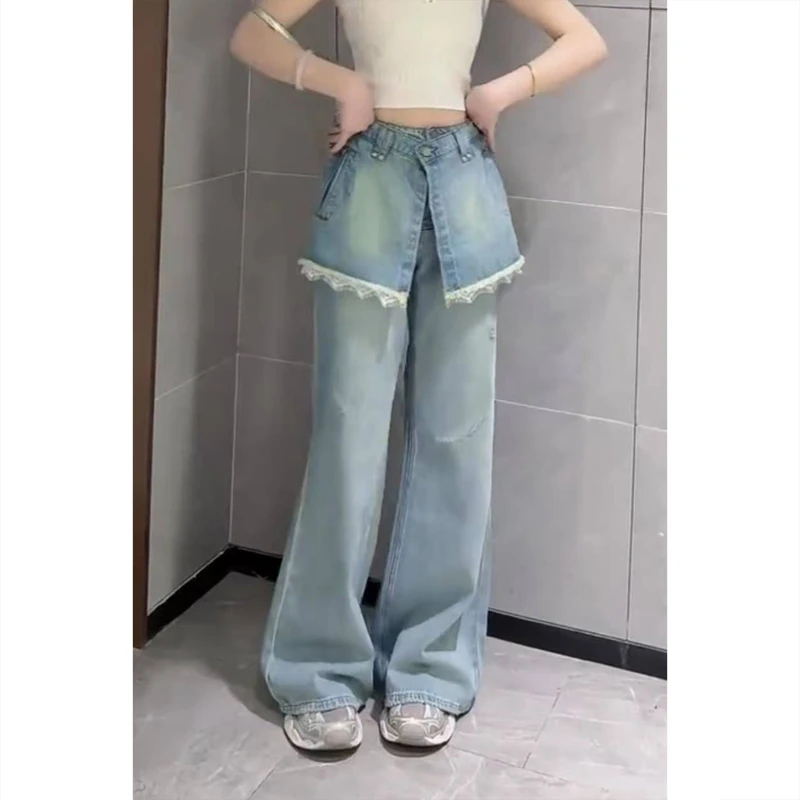 艾塔莉显瘦假两件牛仔裤女春季新款胖mm梨形身材大码直筒裤子遮肉