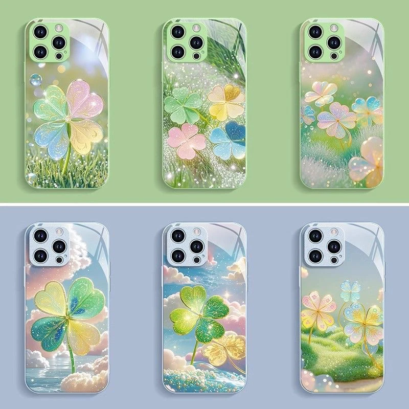 水凝玻璃壳幻彩云朵四叶草适用iPhone苹果16镜头全包手机壳透明