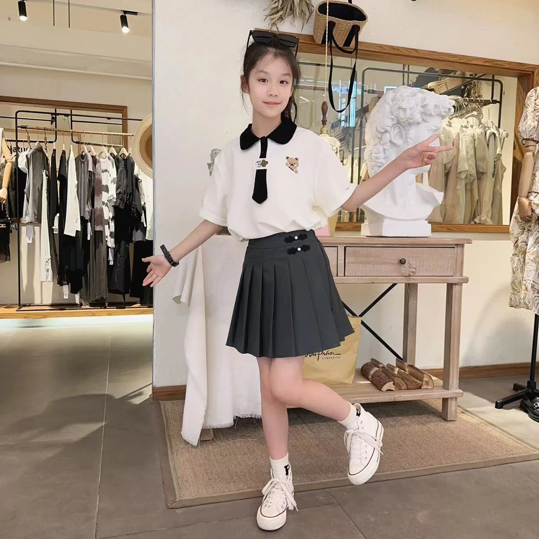 女童连衣裙夏季2025新款时髦短裙儿童学院衬衫女孩夏装jk套装裙子