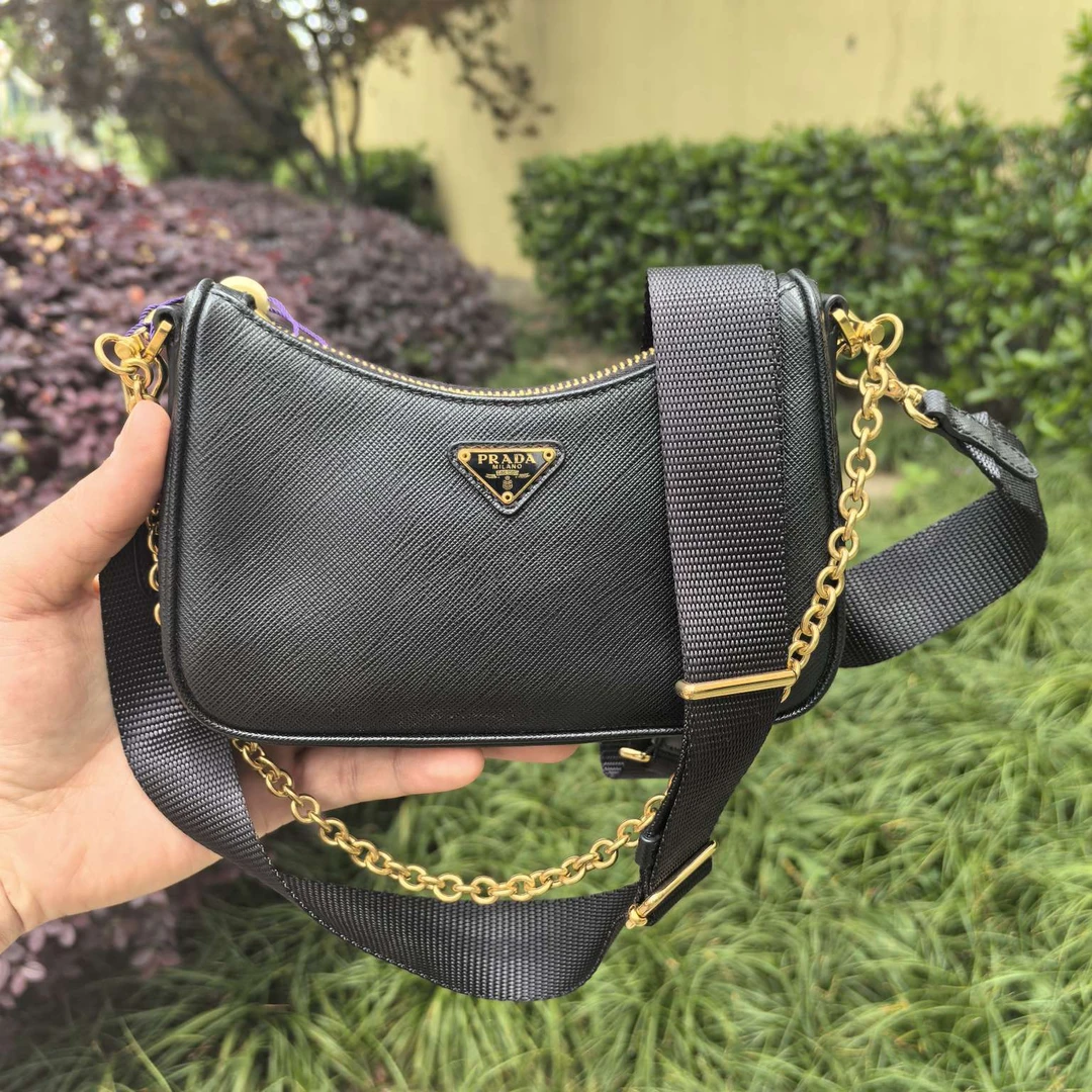 95新 Prada/普拉达 普拉达黑金迷你三合一hobo 单肩女包 13423186
