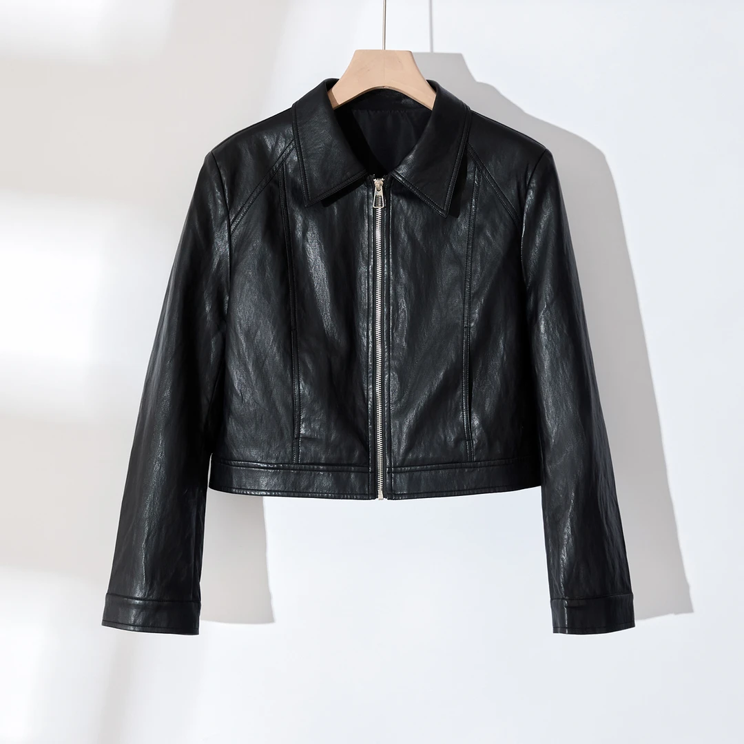 2025早秋季新款时尚显瘦女百搭翻领短款皮衣长袖短款外套夹克上衣