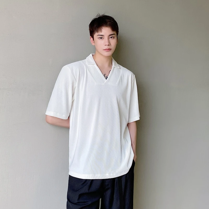 夏季高级感小V领短袖T恤男小众纯色设计感韩版简约重磅半袖t恤潮