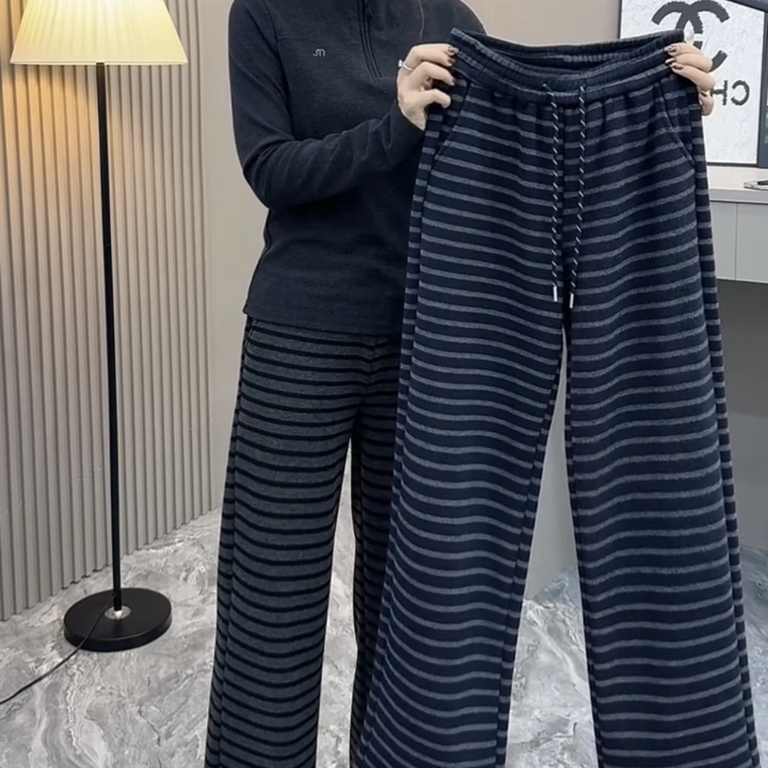 冬季撞色条纹高腰抽绳窄版直筒休闲裤女加厚加绒保暖