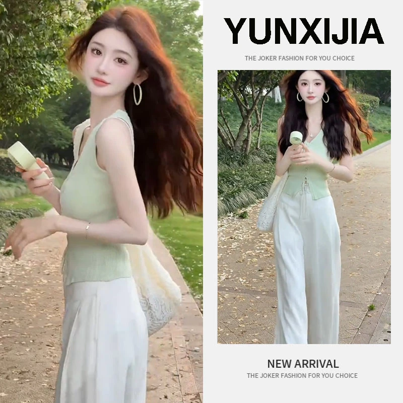 2025夏季新款时尚甜美减龄百搭设计感修身短款上衣裤子两件套