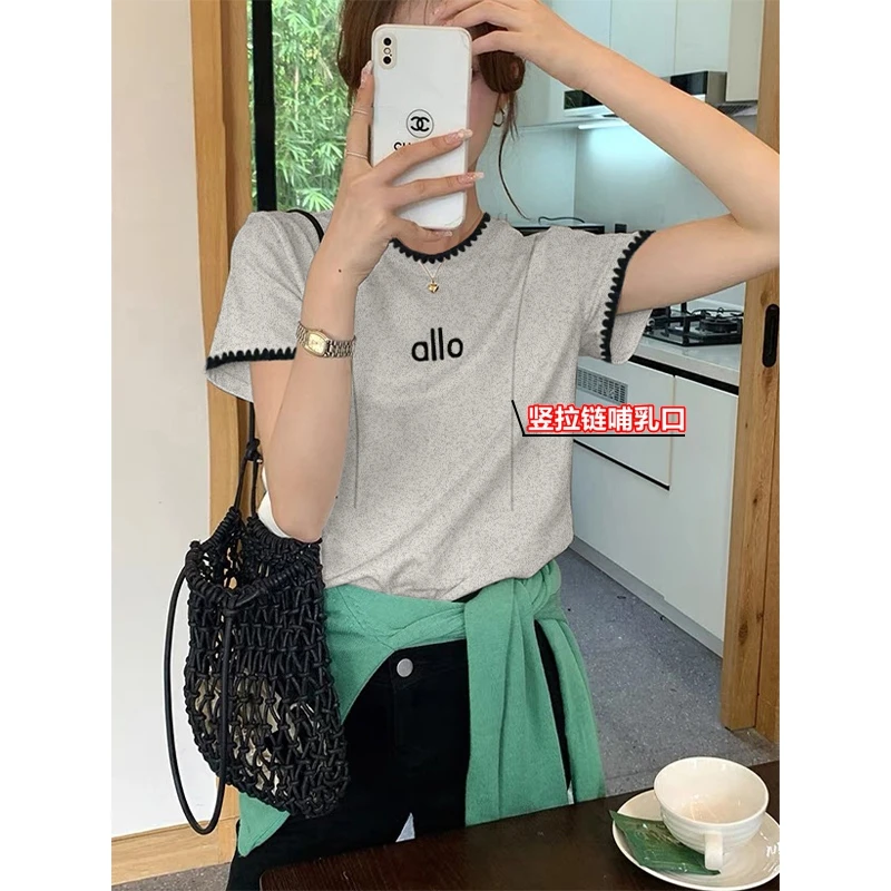 哺乳夏装字母绣花设计感短袖母乳T恤竖拉链方便产后外出喂奶上衣