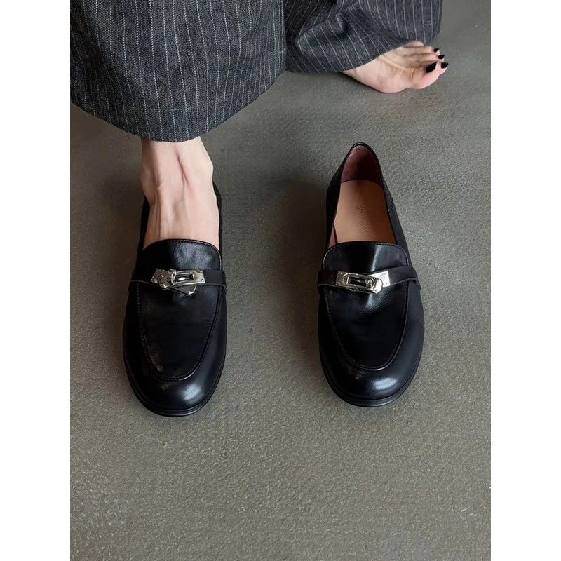 羊皮版~2025新款法式小众圆头低跟一脚蹬懒人英伦风平底圆头皮鞋
