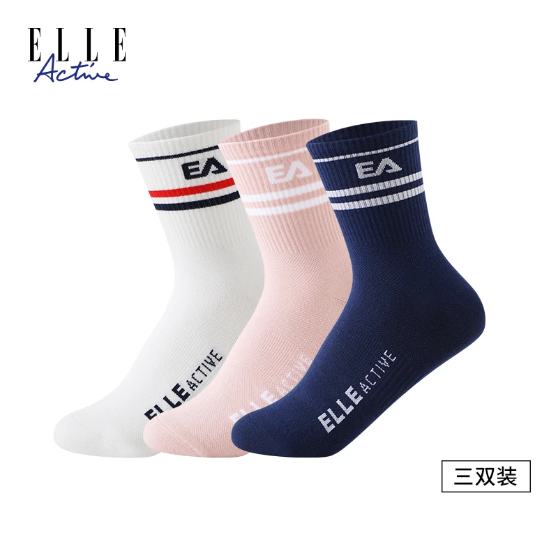 ELLE Active运动字母中筒袜女时尚舒适百搭休闲女士袜三双装袜子