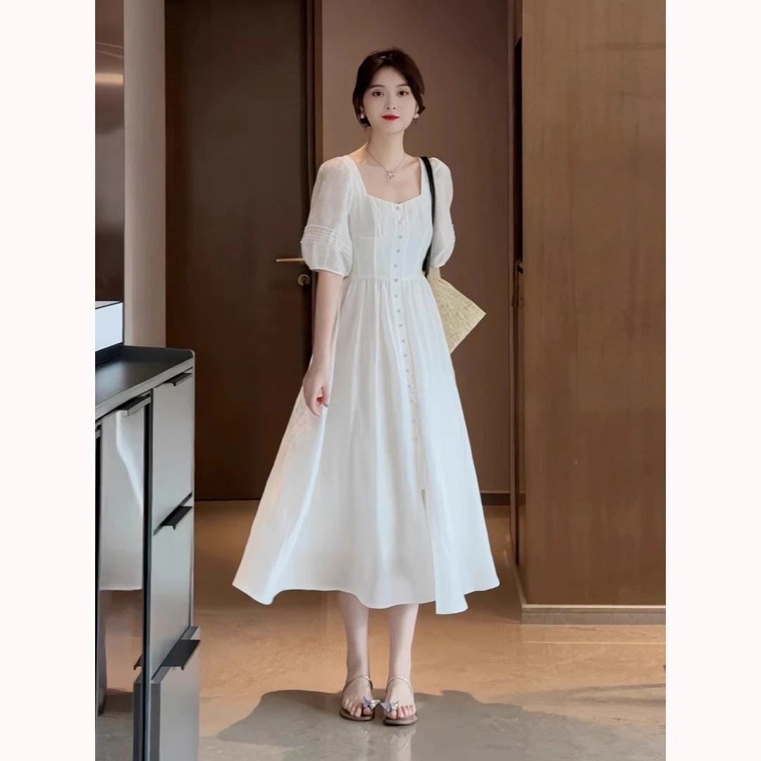 夏季微胖mm法式别致时尚减龄长裙微胖妹妹显瘦大码女装白色连衣裙