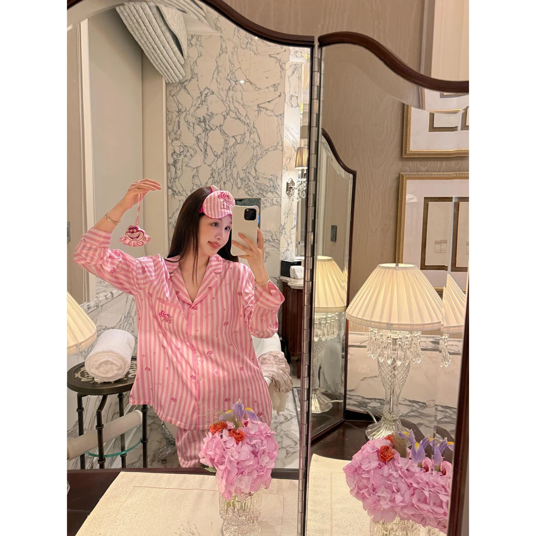 撞色条纹卡通甜美印花春秋季新款睡衣女长袖长裤家居服套装可外穿